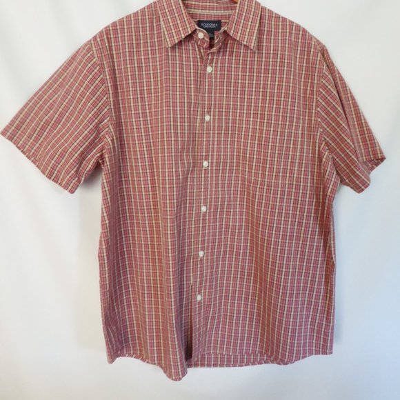 SONOMA BRAND RED BROWN WHITE PLAID BUTTON DOWN SHIRT (PRE-OWNED) LARGE - Picture 6 of 7
